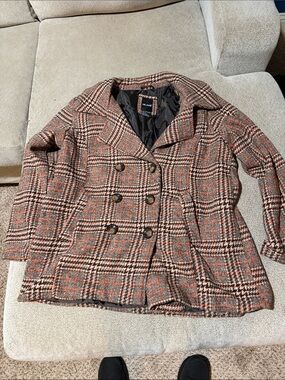 Me Jane Plaid Double-Breasted Peacoat in Brown and Orange